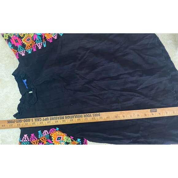 Black Embroidered Colorful Floral Flutter Sleeve Blouse Ruffle Neck Lightweight - Picture 3 of 8